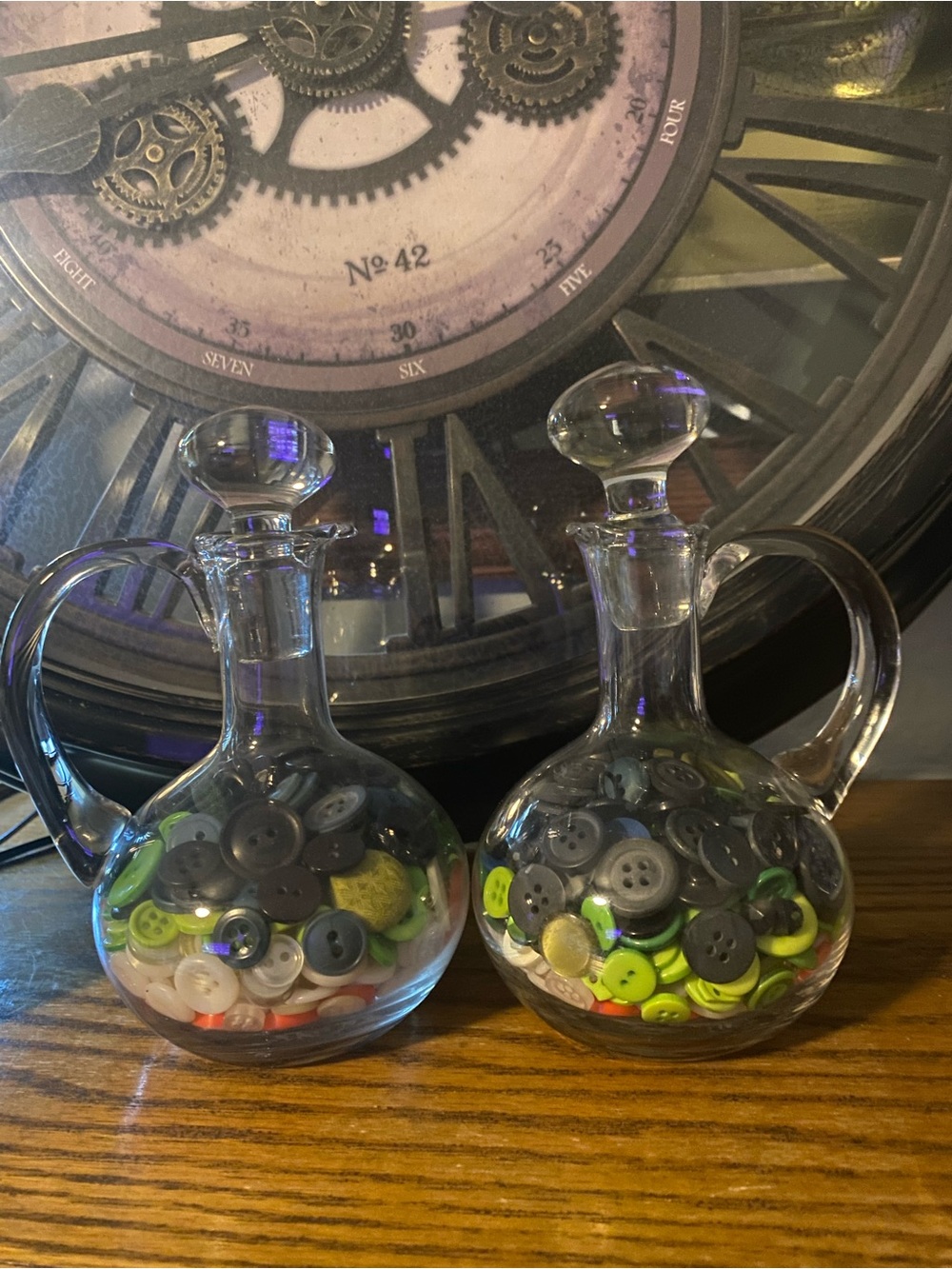 Williams Sonoma Glass Cruet Pair with Multicolor Buttons-Hombre layered-Folk Art